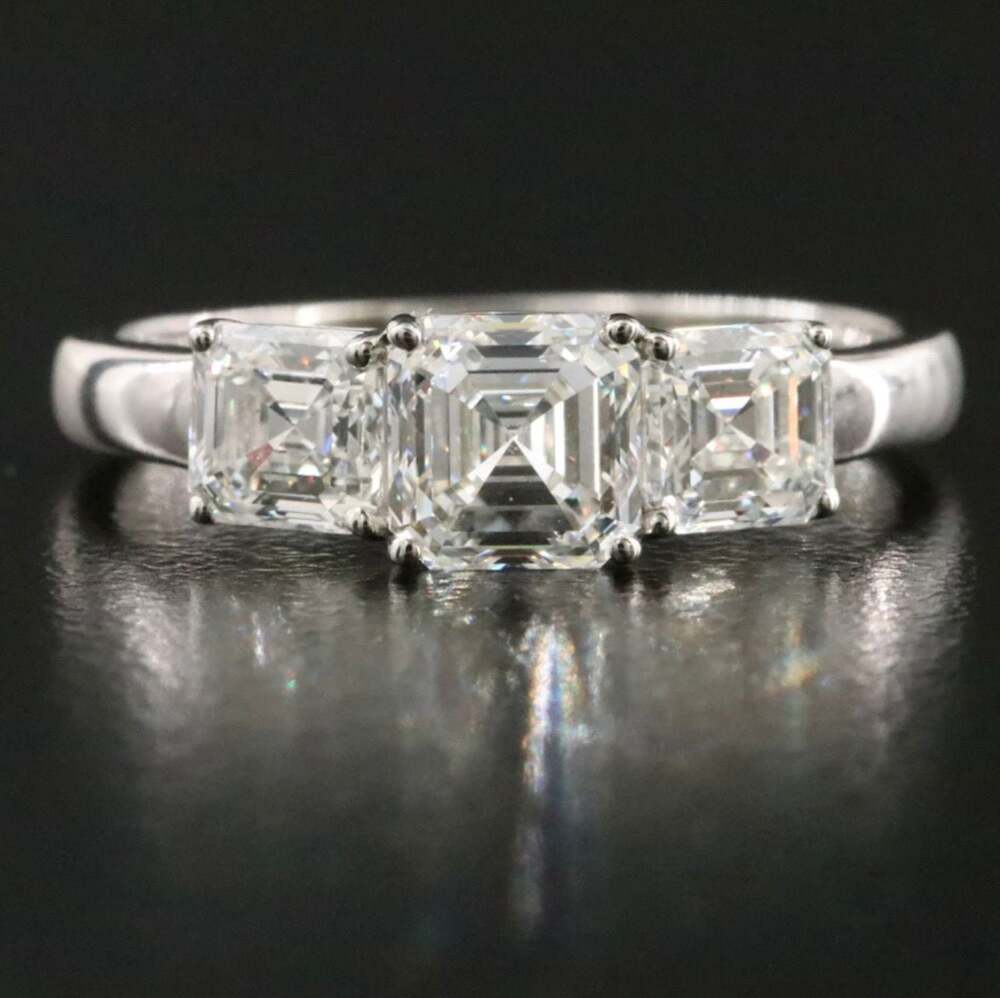 Platinum GIA 2CTW certified asscher emerald cut three stone diamond ring Natural